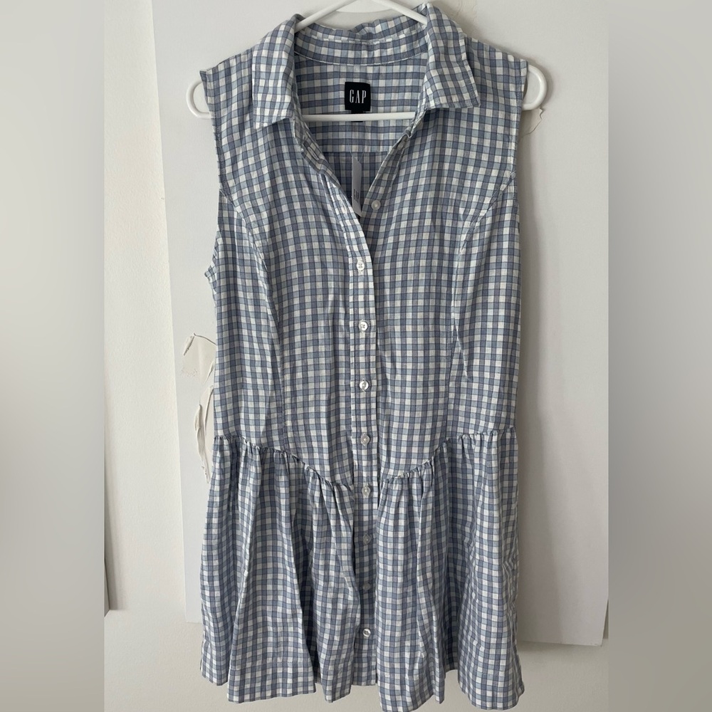 GAP Blue & White Gingham Sleeveless Midi Shirt Dress